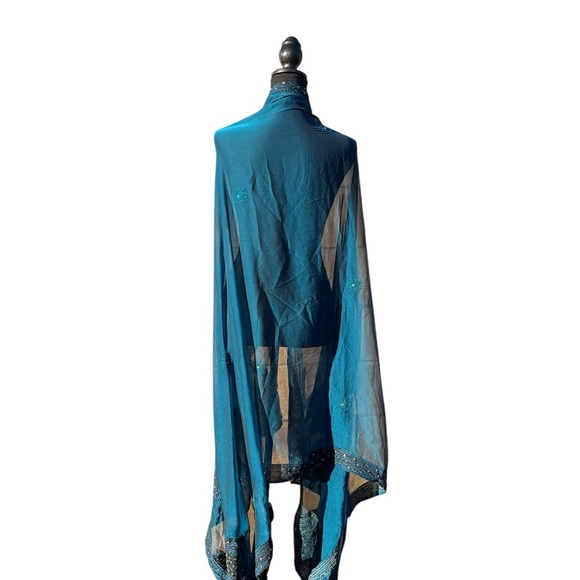 Teal chiffon women’s multi use skirt/shawl. OS W/ black gold ribboned edge - Picture 5 of 5